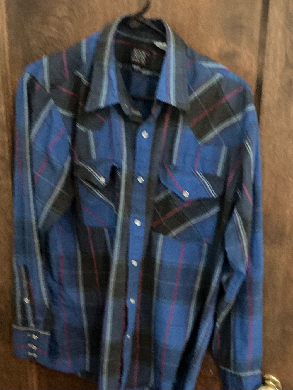 Vintage Rock Creek Ranch Men's Blue Plaid Western Shirt pearl snaps size 16 x35
